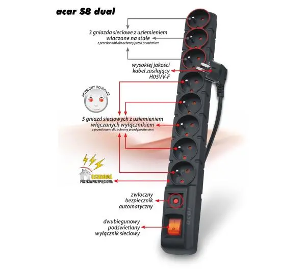 Acar S8 dual 8 gniazd 3m Czarny