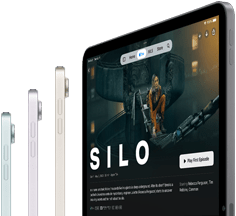 Вид збоку трьох моделей iPad Air, причому на четвертому iPad Air зображено серію Apple TV+ Silos