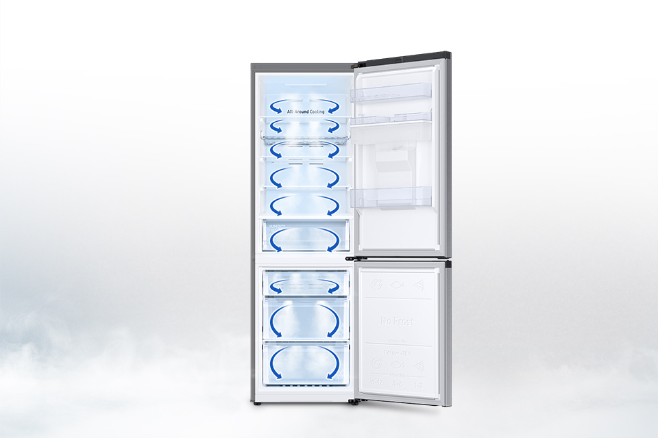 otwarte drzwi lodówki i zobrazowane równomierne rozchodzenie się chłodnego powietrza po wnętrzu