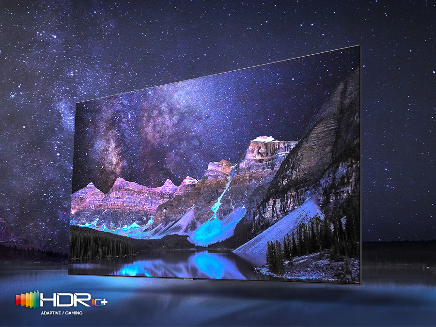 Телевізор QLED відображає деталі та контрасти зображення природи завдяки Quantum HDR 12x.  Унизу знаходиться логотип HDR 10+ ADAPTIVE / GAMING.  Q80BATXXH
