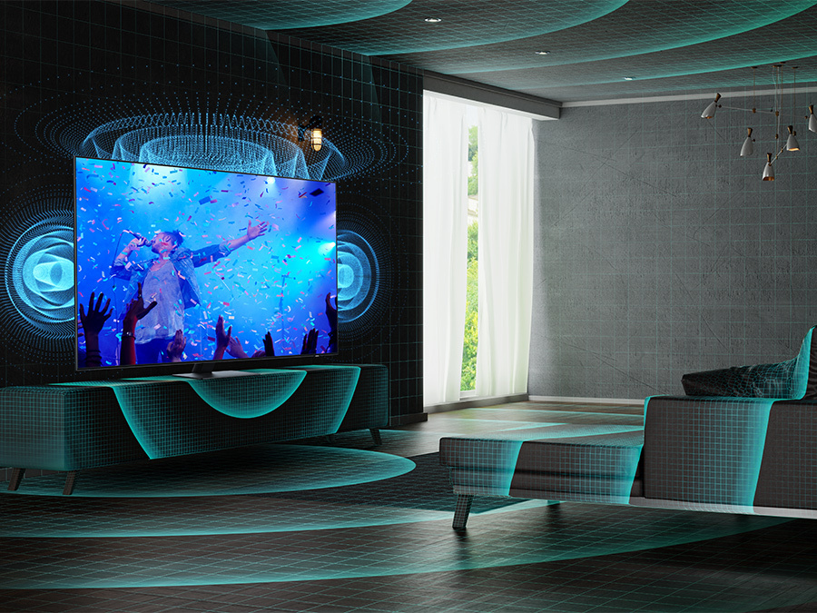 Телевизор QLED анализирует пространство в комнате, чтобы обеспечить оптимальное качество звука.  Q80BATXXH
