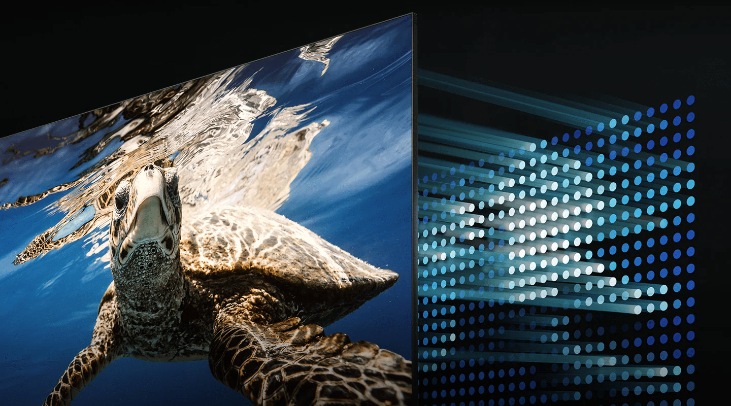 Телевізор QLED показує плаваючу черепаху з точним світлодіодним підсвічуванням, відображаючи глибокий чорний і чистий білий колір.  Q80BATXXH