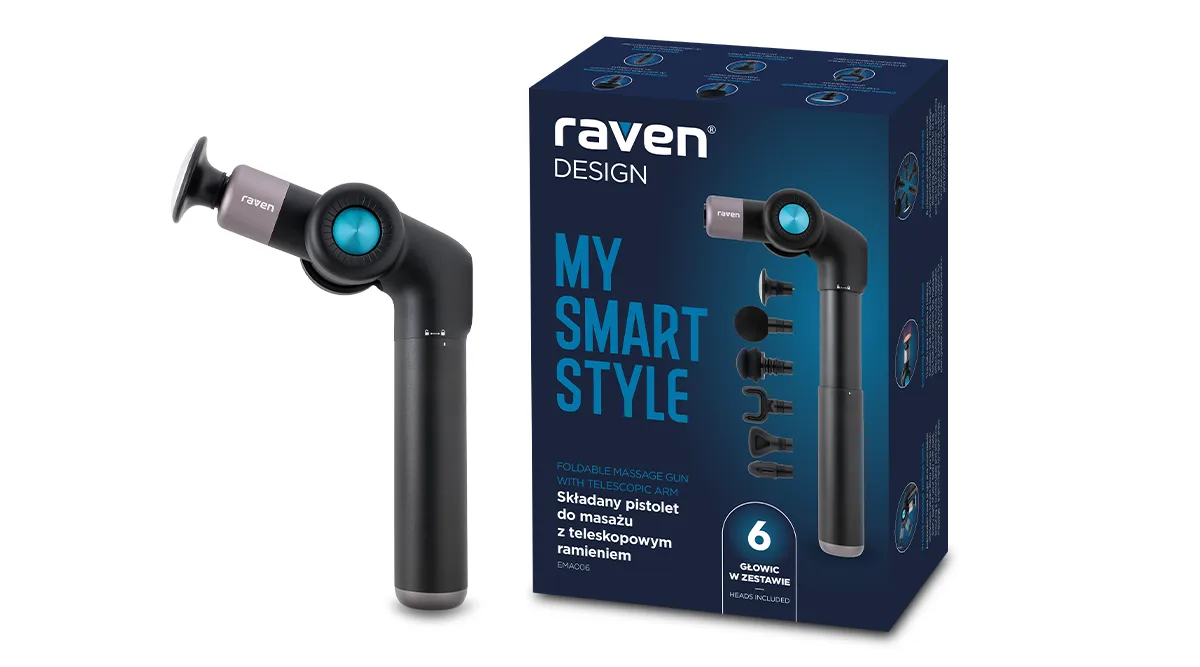 Складаний масажний пістолет Raven EMA006 з телескопічним важелем, картонна упаковка праворуч
