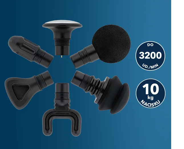 Комплект із 6 масажних головок, праворуч дві контрастні круглі значки з білими літерами: до 3200 ударів за хвилину та тиск 10 кг