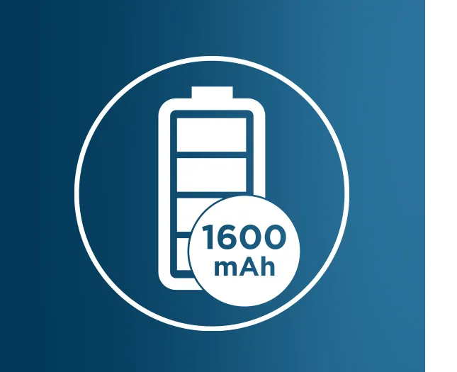 Біле коло на синьому фоні, всередині білого значка повного заряду батареї, а на ньому біле коло з синім написом 1600 мАг