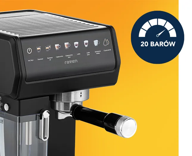Верхня частина еспресо-машини Raven з видимими символами напоїв, праворуч круглий значок з піктограмою індикатора та написом: 20 смужок