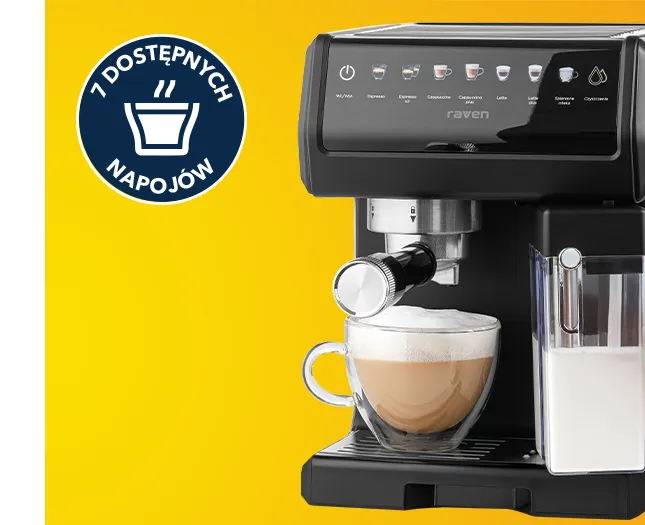 Еспресо-машина EER007 зі склянкою, наповненою кавою та піною, ліворуч круглий значок із символом заварювання та написом: 7 напоїв доступні