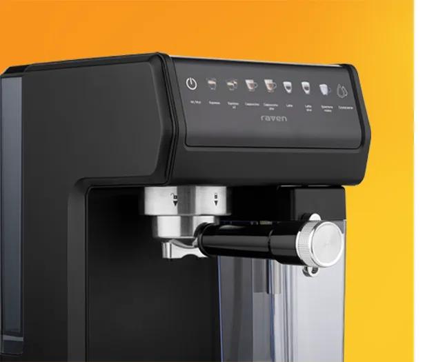 Крупний план передньої частини кавоварки Raven EER007 з іконкою ввімкнення та іконками, що позначають види кави на панелі керування.
