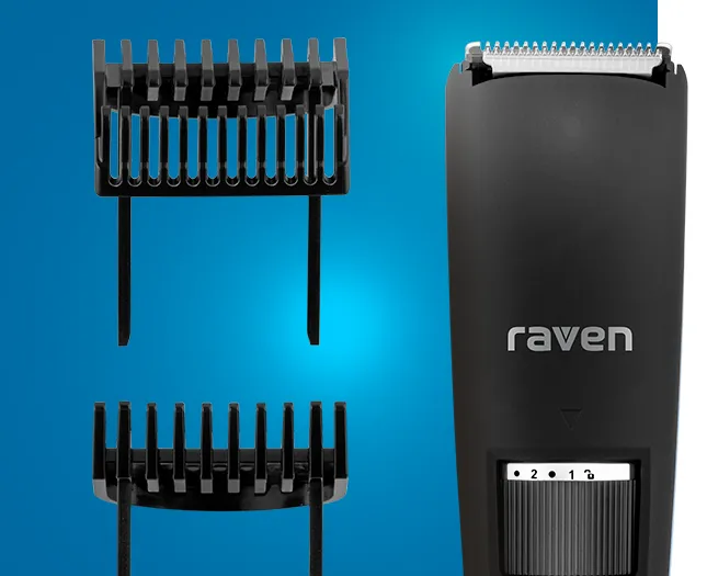Czarny trymer EST010 z logotypem Raven i dwie nasadki do różnej długości włosów na niebieskim tle