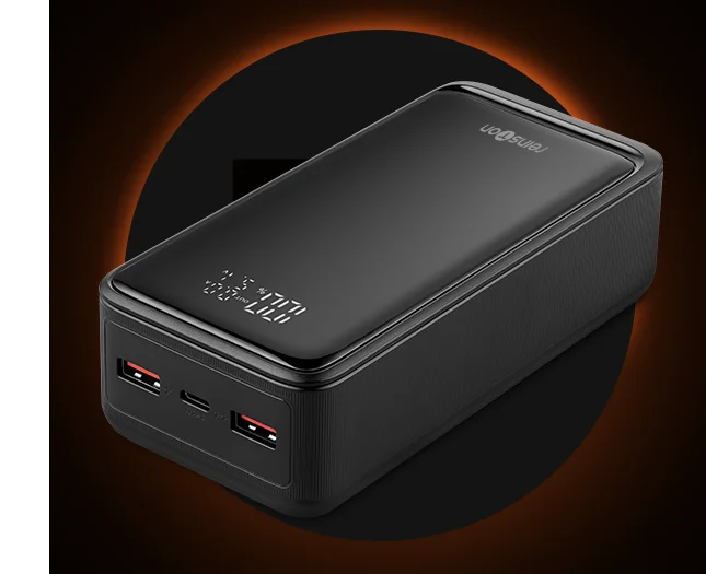 Зовнішній акумулятор 30 000 мАг PD 65 Вт з кабелем USB-C Reinston EPB3CAA65 на чорному круглому фоні з помаранчевим підсвічуванням