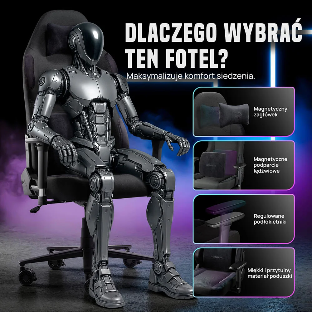 robot siedzący na fotelu komputerowym, po prawej stronie zagłówki, podłokietniki oraz siedzisko