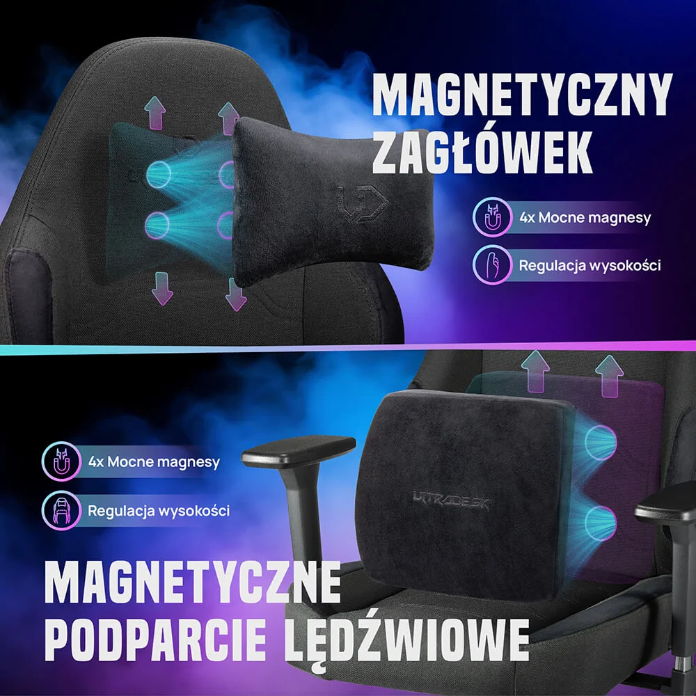 magnetyczny zagłówek umieszczony na oparciu oraz podparcie lędźwiowe z regulacją wysokości