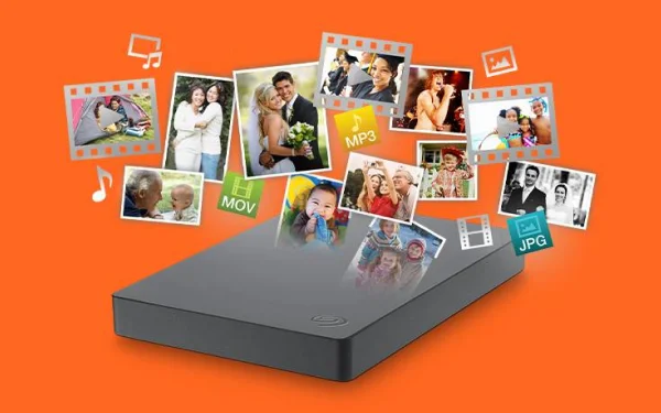 Базовий накопичувач Seagate із зображеннями фотографій, аудіо- та відеофайлів, що плавають над ним