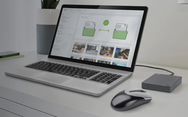 Базовий накопичувач Seagate, підключений до ноутбука на столі, з видимим інтерфейсом передачі даних.