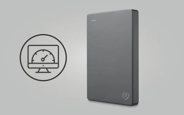 Сірий зовнішній диск Seagate Basic із піктограмою продуктивності комп'ютера