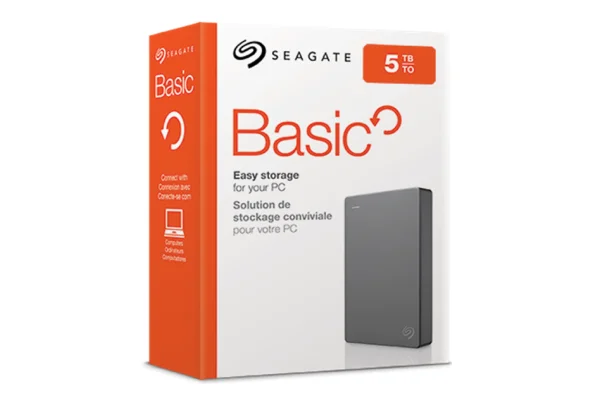 Коробка для жорсткого диска Seagate Basic 5 ТБ із зображенням продукту та написом «Просте сховище для вашого ПК»