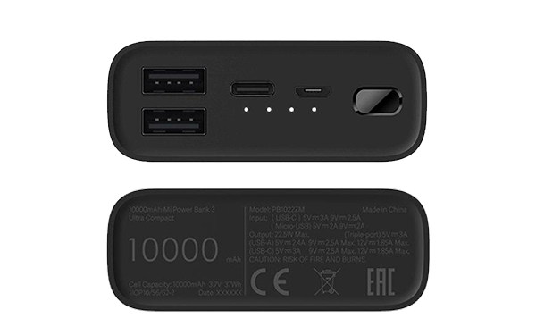 Mi Ultra Compact 10000mAh Power Bank, 3.0A 22.5W 37Wh Battery Pack Charges  3 Devices at Once through 2x USB 1x USB-C Ports, Portable Phone Charger for