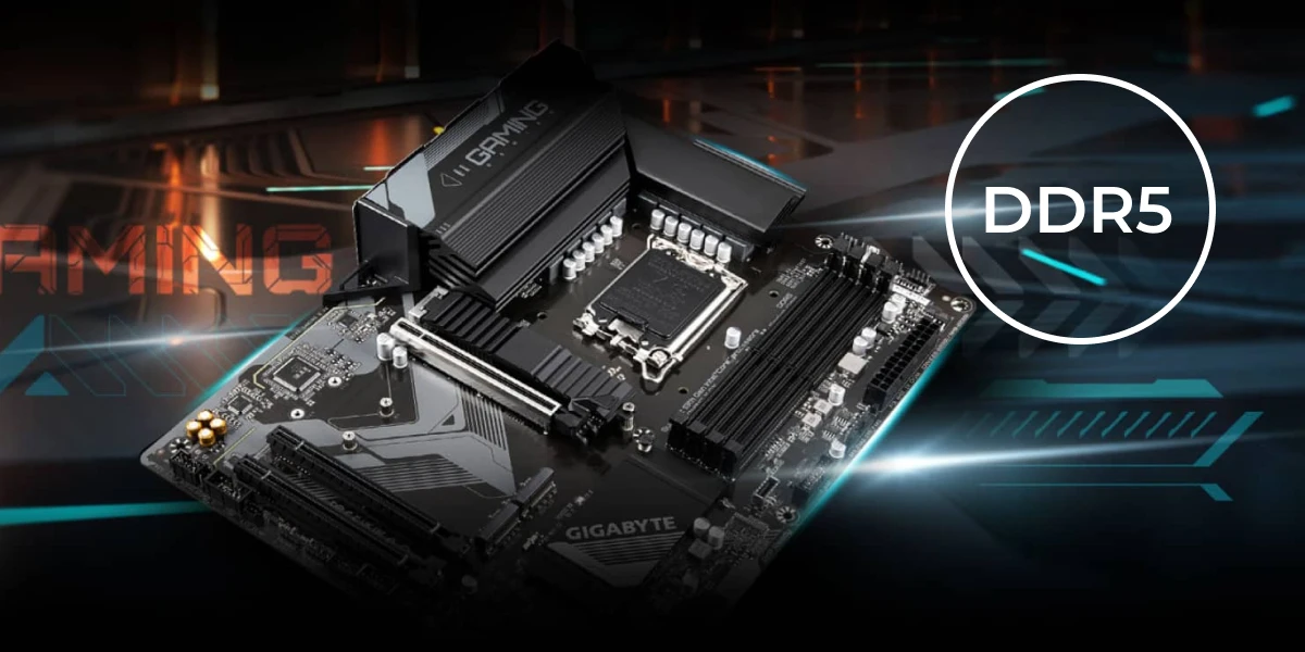 Материнська плата Gigabyte Gaming з підтримкою DDR5 (Double Data Rate 5) на футуристичному тлі