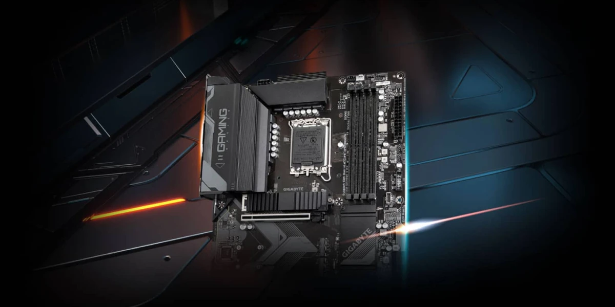 Ігрова материнська плата Gigabyte з роз'ємом для процесора (центрального процесора) та слотами для оперативної пам'яті (RAM) на футуристичному фоні