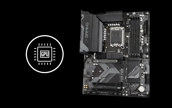 Материнська плата Gigabyte поруч із піктограмою GPU (графічного процесора), представленою на чорному фоні