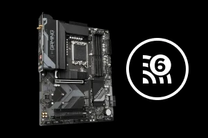 Материнська плата Gigabyte поруч із піктограмою Wi-Fi 6 (Wireless Fidelity 6) на чорному фоні