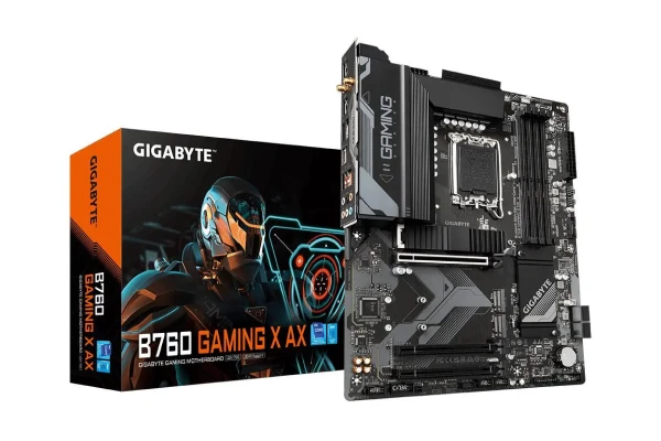 Материнська плата Gigabyte B760 Gaming X AX, поруч з упаковкою; модель підтримує Wi-Fi (Wireless Fidelity) та пам'ять DDR5 (Double Data Rate 5).