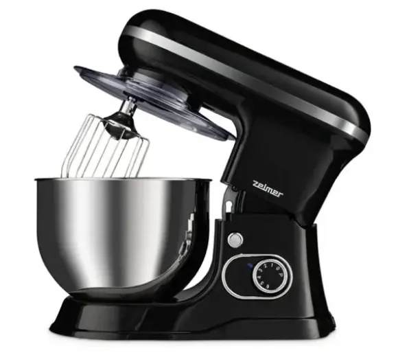 Планетарний міксер Zelmer чорного кольору з металевою чашею та мішалкою, встановлений у робочому положенні