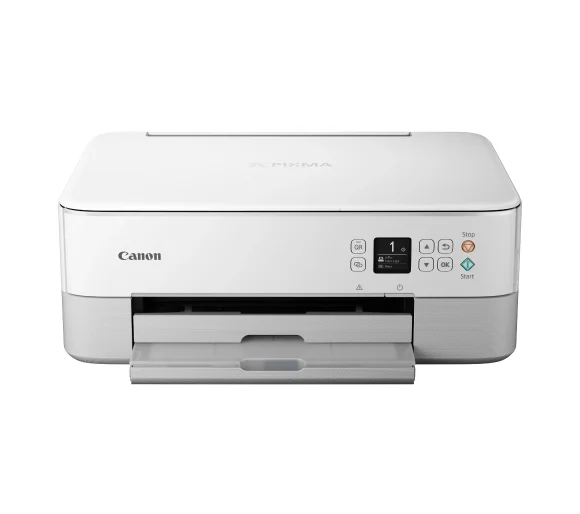 Білий принтер Canon PIXMA спереду, на якому видно панель керування з дисплеєм і кнопками, а також подовжений лоток для паперу.