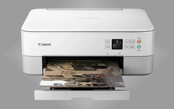 Принтер Canon PIXMA друкує фотографію, пристрій видно спереду