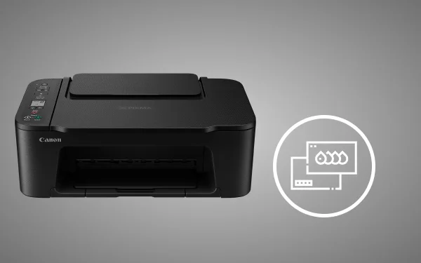 Canon PIXMA TS3750i на сірому фоні з піктограмою налаштування хмари збоку.