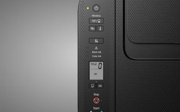 Крупний план панелі керування принтера Canon PIXMA TS3750i з дисплеєм та кнопками