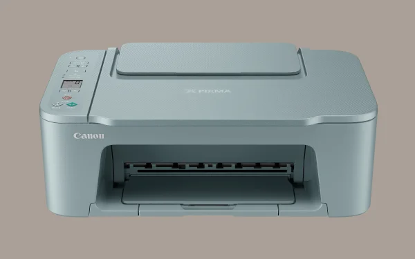 Szara drukarka Canon PIXMA TS3752i widoczna pod lekkim kątem z zamkniętą pokrywą