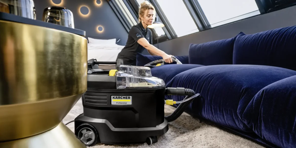 Жінка використовує пилосос Karcher Puzzi 8/1 Anniversary Edition для чищення темно-синього дивана в сучасному інтер'єрі.