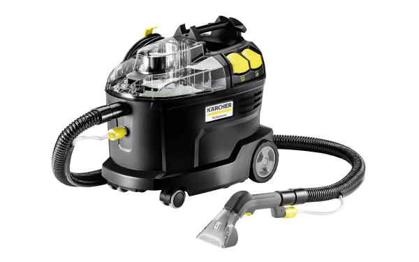 Миючий пилосос Karcher Puzzi 8/1 Anniversary Edition, зображений збоку, з видимими кнопками та прозорою кришкою