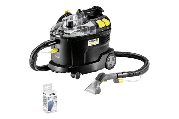 Пилосос Karcher Puzzi 8/1 Anniversary Edition, зображений поруч із коробкою з аксесуарами на білому фоні