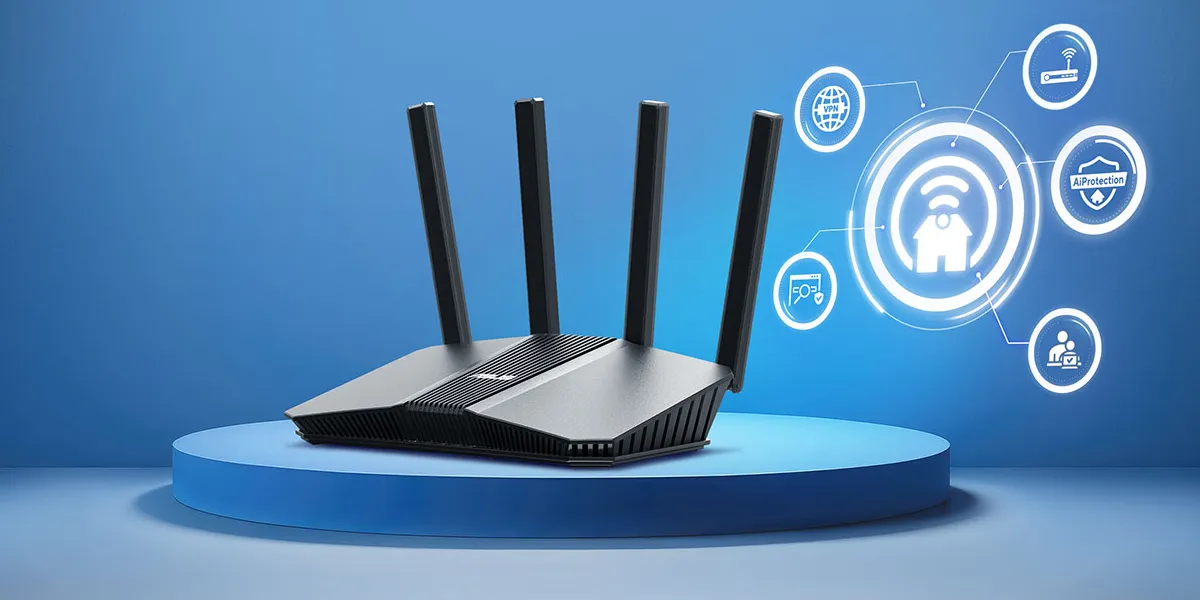 Роутер на синьому подіумі, поруч із ним значки, що показують функції пристрою: мережа, бездротове з'єднання, безпека