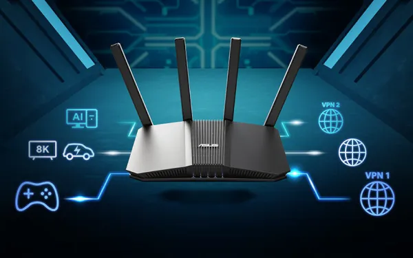 Роутер знаходиться посередині, поруч з ним є значки, що показують варіанти підключення: мережа, телевізор, комп'ютер та значки планшета.