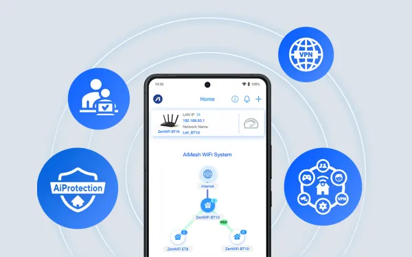 Телефон із застосунком для керування мережею, оточений синіми значками, пов’язаними з функціями розумного дому.