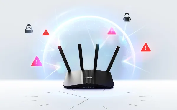 Маршрутизатор із червоними значками попередження, що показують спроби несанкціонованого доступу; значками знаку оклику та хакера.