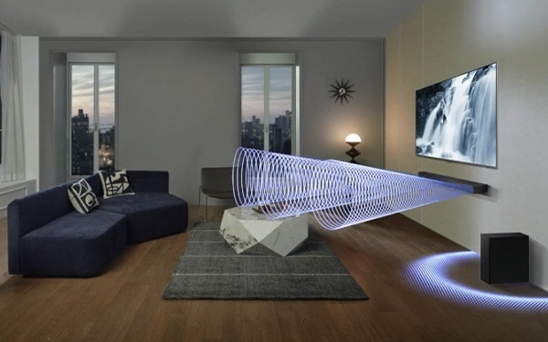 Вітальня з телевізором та саундбаром, візуалізація звукових хвиль, спрямованих у бік дивана