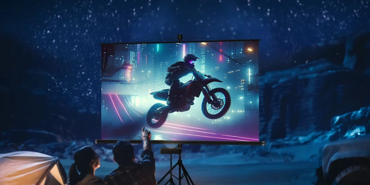 Фільм за участю мотоцикліста-каскадера проектується на зовнішній екран вночі за допомогою лазерного проектора Optoma Photon Go.