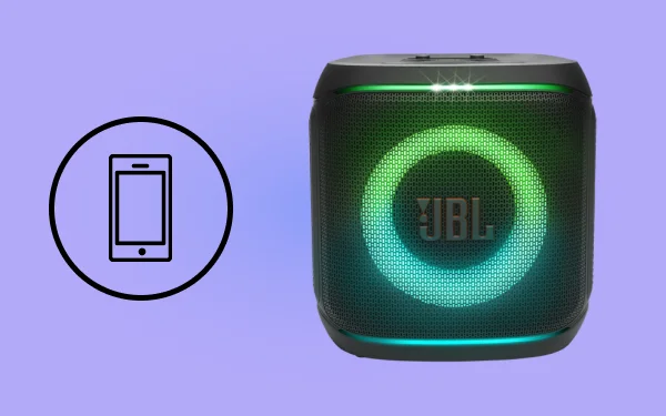 Зелений динамік JBL поруч із піктограмою смартфона, що представляє керування додатком, на фіолетовому фоні