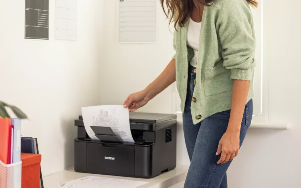 Людина в зеленому светрі бере роздруківку з чорного принтера Brother, що стоїть на столі.