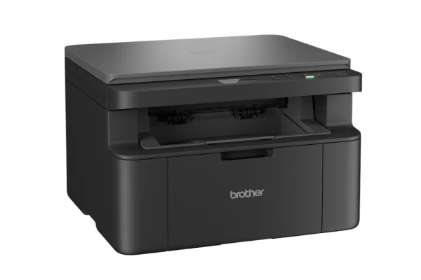 Чорний принтер Brother, вигляд спереду та праворуч, з відкритим лотком для паперу та панеллю керування.
