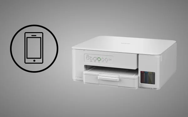 Brother DCP-T436W на сірому фоні, поруч із ним значок смартфона