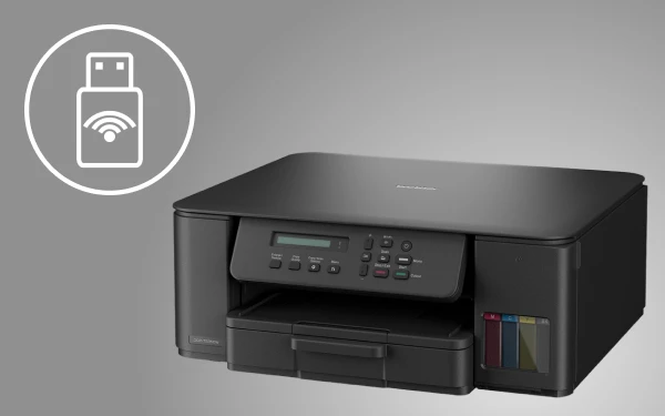 Чорний струменевий принтер Brother з видимими чорнильними контейнерами, поруч із ним — значок флеш-накопичувача із символом бездротової мережі.