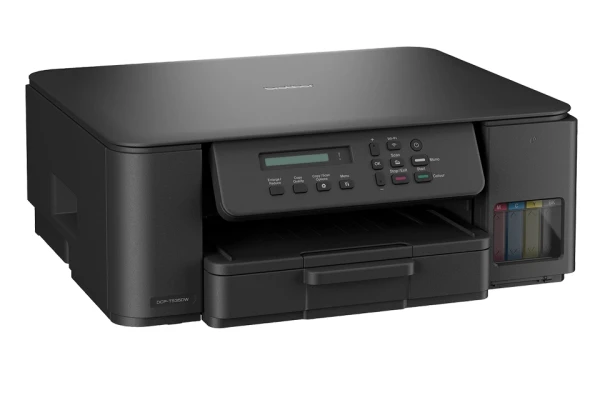 Чорний струменевий принтер Brother з панеллю керування та видимими кольоровими чорнильними контейнерами