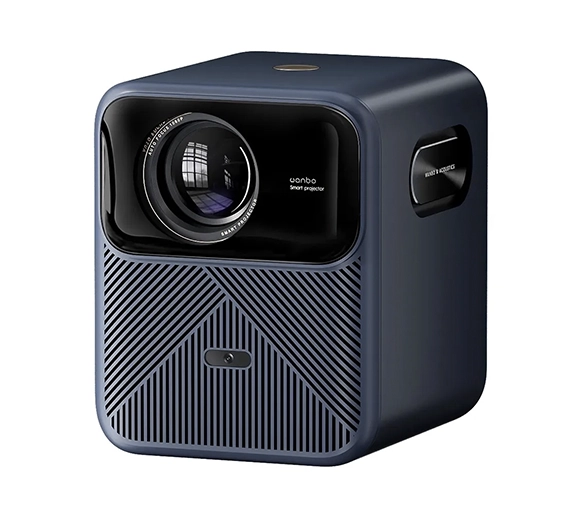 Проектор Wanbo із заокругленим корпусом, великим об'єктивом спереду та вентиляційною панеллю з геометричним візерунком.