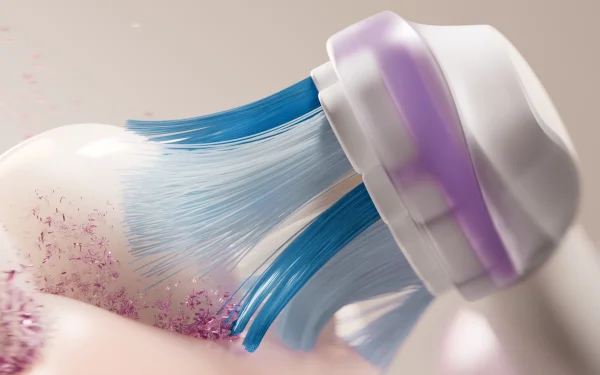 Крупний план головки зубної щітки Philips Sonicare, блакитні щетинки видаляють зубний наліт і зубний камінь з поверхні зуба