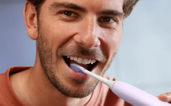 Чоловік посміхається, чистячи зуби зубною щіткою Philips Sonicare.